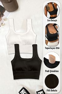 Kadın Crop 2'li Paket Siyah - Beyaz Pedli Spor Sütyeni Yarım Atlet Büstiyer Bluz ürün fotoğrafı