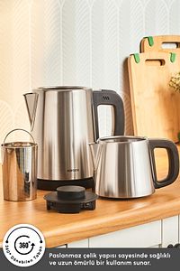 Tea Break 2 In 1 Çelik Su Isıtıcı Çay Makinesi Inox Siyah ürün fotoğrafı