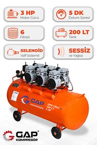 Hava Kompresörü Sessiz Ve Yağsız 200lt Gps750x3/200 ürün fotoğrafı