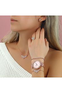 Rose Melek Kanadı Kolye Bileklik Küpe Yüzük Saat Hediye Set - Ps1162 ürün fotoğrafı