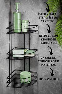 Ömür Boyu Paslanmaz Yapışkanlı Banyo Köşeliği Düzenleyici Şampuanlık Duş Rafı Siyah Ek-03 ürün fotoğrafı
