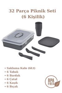Piknik Seti 32 Parça 6 Kişilik Bardak Çatal Kaşık Tabak 1500 Mürdüm Ve Antri ürün fotoğrafı