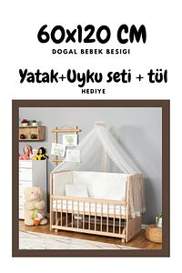 60x120 Bebek Beşiği Boyasız Doğal Ahşap Anne Yanı Beşik – Güpürlü Organik Uyku Seti Ve Yatak Dahil ürün fotoğrafı