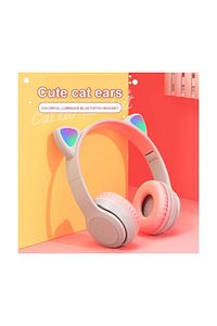Pembe Renk Kedi Kulağı Detaylı Uyumlu Bluetooth Kablosuz Kulaklık Çocuk Oyuncu Lila ürün fotoğrafı