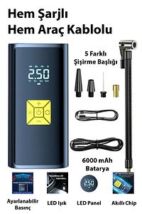 ST-9620B Dijital Led Işıklı Taşınabilir Şarjlı Araç Lastik Hava Şişirme Pompası SİYAH ürün fotoğrafı