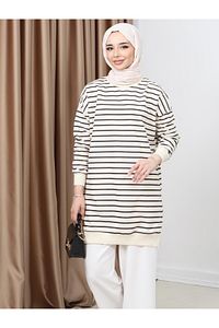 Kadın Tesettür Bisiklet Yaka Iki Iplik Penye Terletmeyen Kumaş Basic Çizgili Tunik ürün fotoğrafı