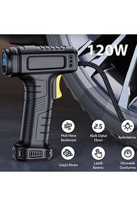 120W Kablosuz Basınç Göstergeli Mini Hava Popmpası Kompresör SİYAH ürün fotoğrafı