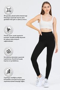 Kadın Siyah Yüksek Bel Toparlayıcı Çelik Interlok Düz Spor Tayt Pantolon ürün fotoğrafı