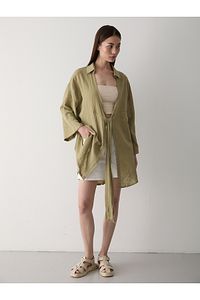 Haki Flam Keten Kimono Gömlek ürün fotoğrafı