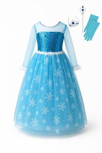 Elsa Elbise - Frozen Kostüm Taç Asa Eldiven Hediye Frozen Uzun Kollu Tarlatanlı Kostüm ürün fotoğrafı
