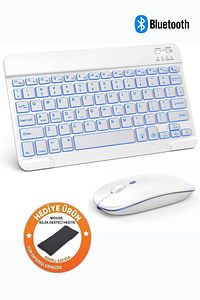 Beyaz Rgb Işıklı Kablosuz Bluetooth Klavye Mouse Seti Tablet Telefon Windows Uyumlu ürün fotoğrafı