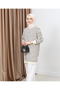 Kadın Tesettür Bisiklet Yaka Iki Iplik Penye Terletmeyen Kumaş Basic Çizgili Tunik ürün fotoğrafı