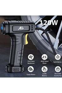 120W Kablosuz Basınç Göstergeli Mini Hava Popmpası Kompresör SİYAH ürün fotoğrafı