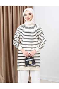 Kadın Tesettür Bisiklet Yaka Iki Iplik Penye Terletmeyen Kumaş Basic Çizgili Tunik ürün fotoğrafı
