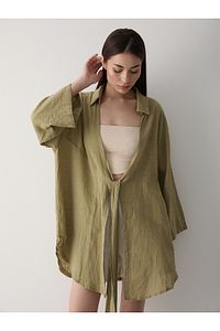 Haki Flam Keten Kimono Gömlek ürün fotoğrafı