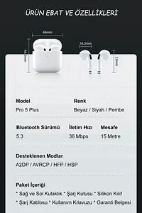 Kılıf Hediyeli Pro 5 Plus Premium A Kalite Bluetooth Sürüm 5.3 Bluetooth Kulaklık ürün fotoğrafı