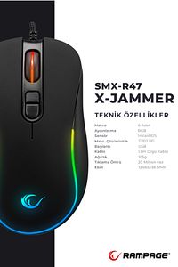 Smx-r47 X-jammer Usb Rgb Mouse Drag Click 12800 Dpi Gaming Mouse Oyuncu Mouse Makrolu Örgü Kablo ürün fotoğrafı