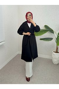 Kolu Lastikli Kemerli Astarlı Trençkot -siyah ürün fotoğrafı