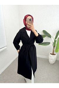 Kolu Lastikli Kemerli Astarlı Trençkot -siyah ürün fotoğrafı