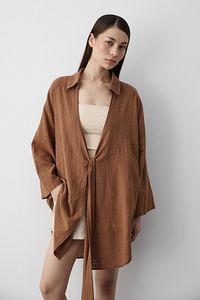 Kahve Flam Keten Kimono Gömlek ürün fotoğrafı
