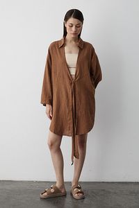 Kahve Flam Keten Kimono Gömlek ürün fotoğrafı
