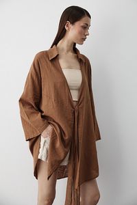 Kahve Flam Keten Kimono Gömlek ürün fotoğrafı