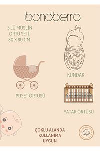 Çok Amaçlı Müslin Örtü & Battaniye 3'lü Set %100 Pamuk Oeko-teks Sertifikalı 80x80 Cm ürün fotoğrafı