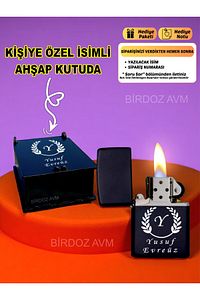 Kişiye Özel İsimli Harf Özel Tasarım Siyah Benzinli Çakmak & Özel Ahşap Kutusunda ürün fotoğrafı