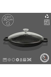Döküm Yuvarlak Izgara Tavası Cam Kapaklı Döküm Demir Yekpare Çift Kulplu Çap(Ø)30cm. ürün fotoğrafı