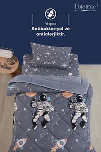 Tek Kişilik Çarşaflı Astronot Desenli Çift Taraflı Wellsoft Uyku Seti (Yorgan+Çarşaf+Yastık Kılıfı) ürün fotoğrafı