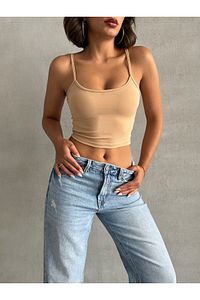Kadın Bej Rengi Scuba Kumaş Ip Askılı Crop Top ürün fotoğrafı