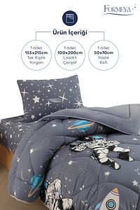 Tek Kişilik Çarşaflı Astronot Desenli Çift Taraflı Wellsoft Uyku Seti (Yorgan+Çarşaf+Yastık Kılıfı) ürün fotoğrafı