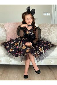 Kız Çocuk Black Flowers Tütülü Elbise ürün fotoğrafı