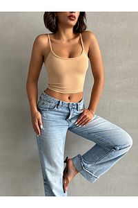 Kadın Bej Rengi Scuba Kumaş Ip Askılı Crop Top ürün fotoğrafı