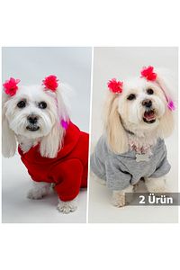 Kedi & Köpek Kıyafeti Elbiseleri Kıyafetleri - Baskısız Gri & Kırmızı 2'li Set Sweatshirt Hoodie ürün fotoğrafı