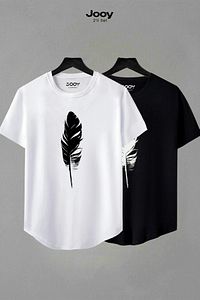 Unisex Siyah Beyaz Oval Kesim Tüy Tasarım Tshirt Ikili Set ürün fotoğrafı