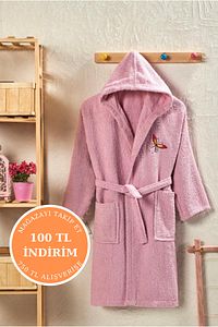 Kapüşonlu Pamuklu Genç Çocuk Bornoz - 13-18 Yaş Unisex | Pembe - Kelebek Nakışlı ürün fotoğrafı