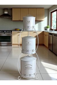 3 Katlı Ferforje Lüx Patates Soğan Sarımsak Kovası Beyaz ürün fotoğrafı