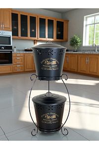 2 Katlı Metal Patates Soğan Kovası - Sebzelik - Patates Soğanlık Sepeti Siyah ürün fotoğrafı