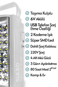 Kamp Lambası Usb Şarj Çıkışlı 6v Akülü 80 Saat - 3gün Aydınlatma 24 Smd Led Işıldak Lamba 220v Şarj ürün fotoğrafı