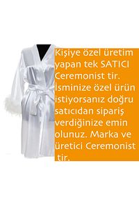 Beyaz Saten Gelin Bride Sabahlık - Kollar Kaz Tüylü ürün fotoğrafı