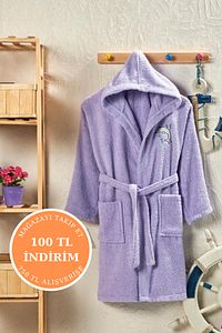 Kapüşonlu Pamuklu Genç Çocuk Bornoz - 13-18 Yaş Unisex | Lila - Yunus Nakışlı ürün fotoğrafı