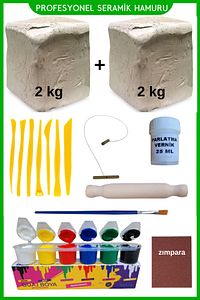 Seramik Hamuru 4000 Gr, 7li Plastik Ebeşuar (MODELAJ SETİ), Kesme Teli-ipi, Guaj, Doğal Kil Çamuru ürün fotoğrafı