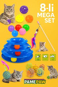 8'li Set: Sarma Topu+3'lü Renkli Top+oyun Topu Tüylü + Kedi Oltası+3 Katlı Oyuncak +çıngıraklı Top ürün fotoğrafı