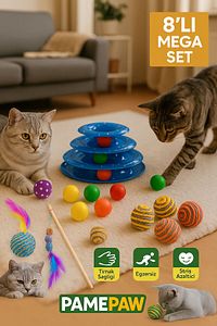 8'li Set: Sarma Topu+3'lü Renkli Top+oyun Topu Tüylü + Kedi Oltası+3 Katlı Oyuncak +çıngıraklı Top ürün fotoğrafı