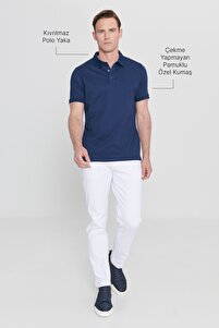 Erkek Çekmeyen Pamuklu Kumaş Slim Fit Dar Kesim Lacivert Kıvrılmaz Polo Yaka Tişört ürün fotoğrafı