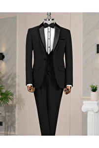 İtalyan kesim slim fit ceket yelek pantolon damatlık set Siyah T4547 ürün fotoğrafı