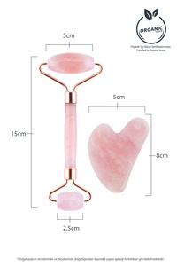 Pembe Kuvars Roller Ve Pembe Kalp Gua Sha Yüz Masaj Aleti Seti Keseli Değerli Doğal Taş Sertifikalı ürün fotoğrafı