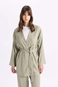 Relax Fit Şal Yaka Kemerli Bürümcük Kimono Z8777AZ24SM ürün fotoğrafı