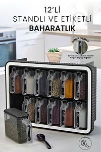 12'li Kendinden Yapışkanlı Kaşıklı Standlı Baharatlık Takımı Kapaklı Kulplu Etiketli Baharatlık Seti ürün fotoğrafı